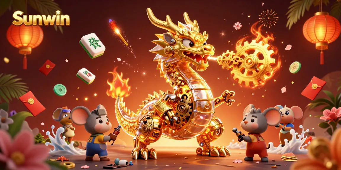 Engage with Sunwin's dynamic gaming world featuring a golden dragon and colorful casino elements.