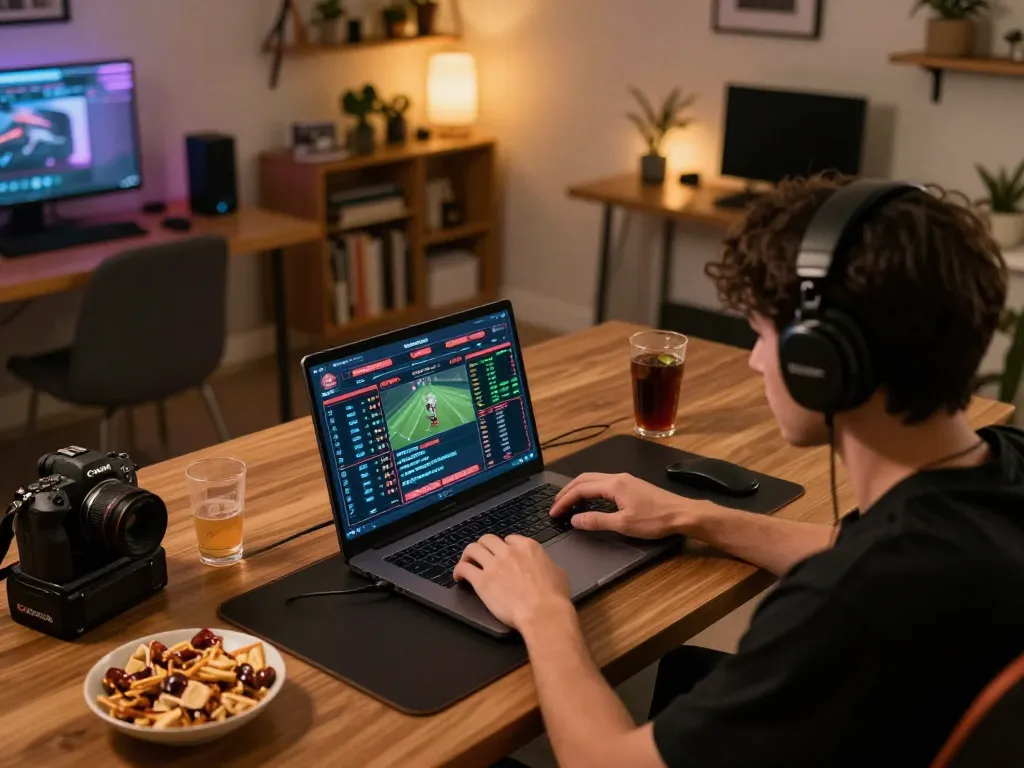 Engaged player analyzing keonhacai betting options at home with laptop and snacks.