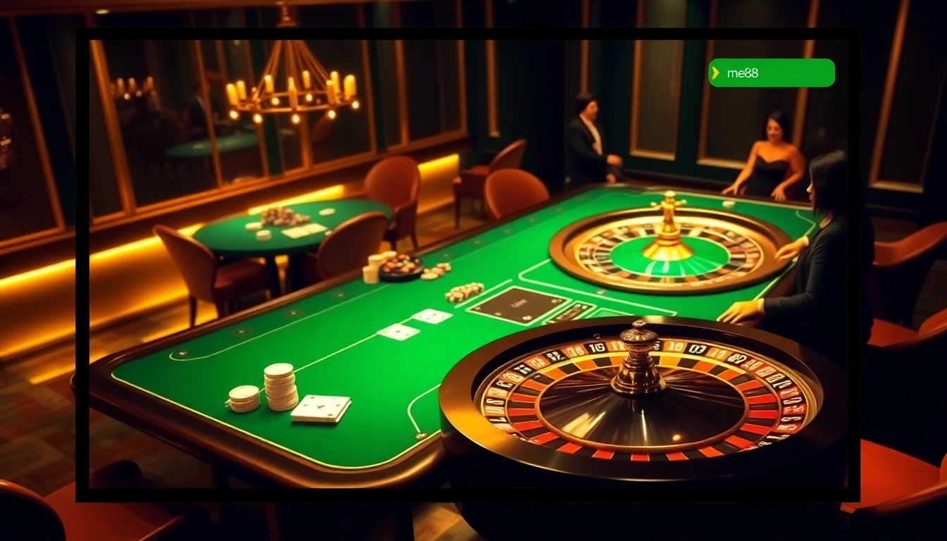 Experience the excitement of me88 with a vibrant poker table and roulette wheel.