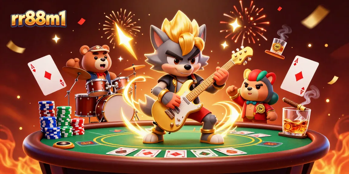 Experience thrilling casino action with rr88m1 featuring a rock star wolf and drummer bear.