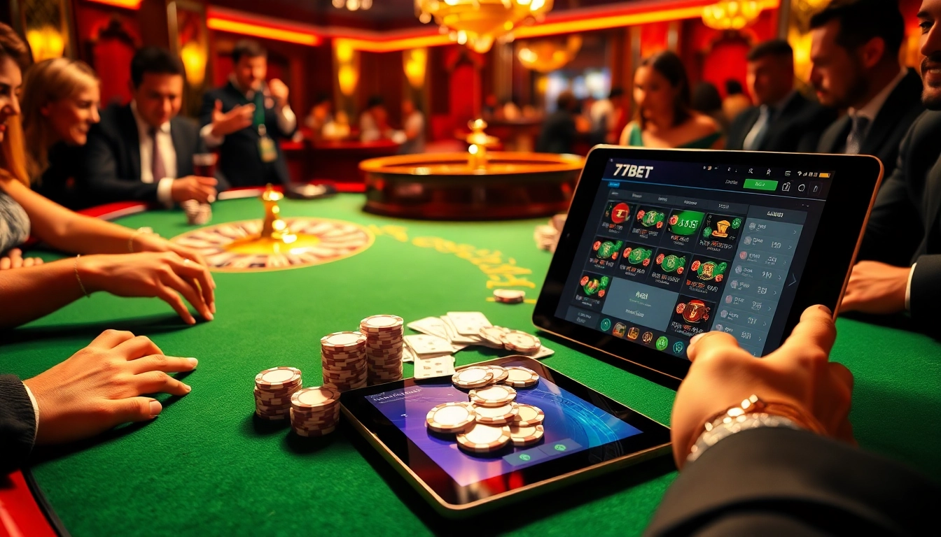 77bet poker table with players, chips, and cards highlighting excitement in gambling.