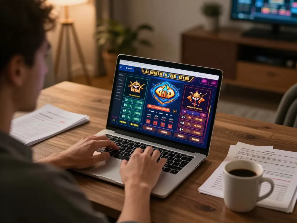 Player engaging with giải mã số học on laptop, strategic gambling setup with notes on bankroll