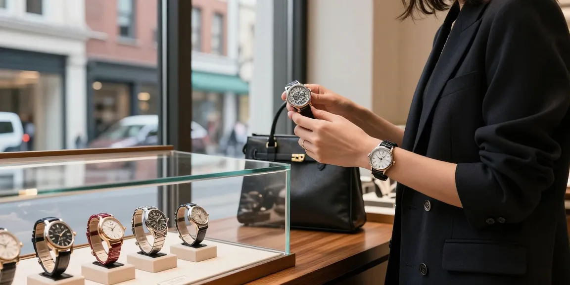 Person exploring replica watches in a chic boutique, highlighting luxury and craftsmanship.