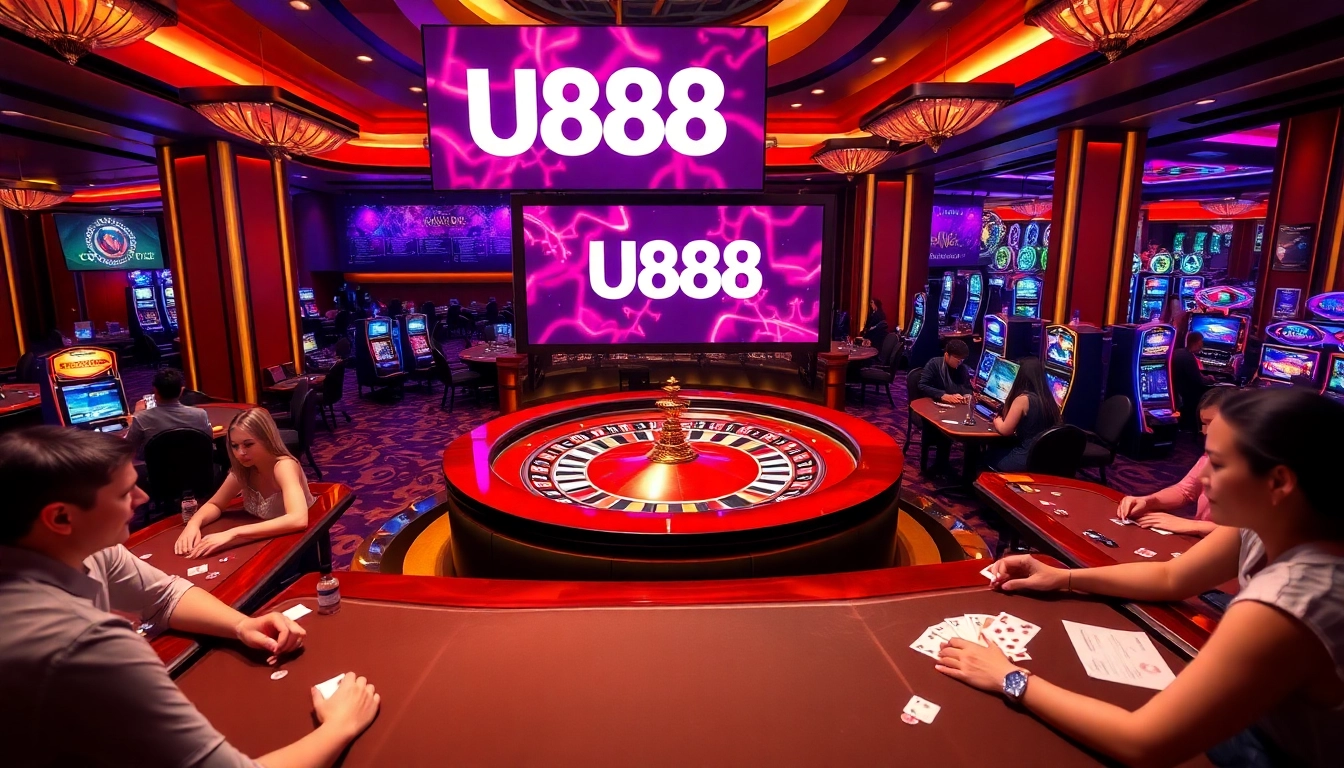 Players enjoy a thrilling betting experience at U888, surrounded by roulette wheels and vibrant slot machines.