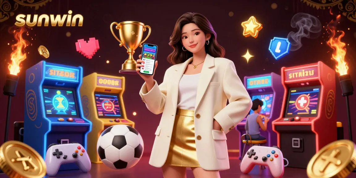 Engage with the sunwin sports betting app in this vibrant illustration featuring a stylish woman and dynamic gaming elements.