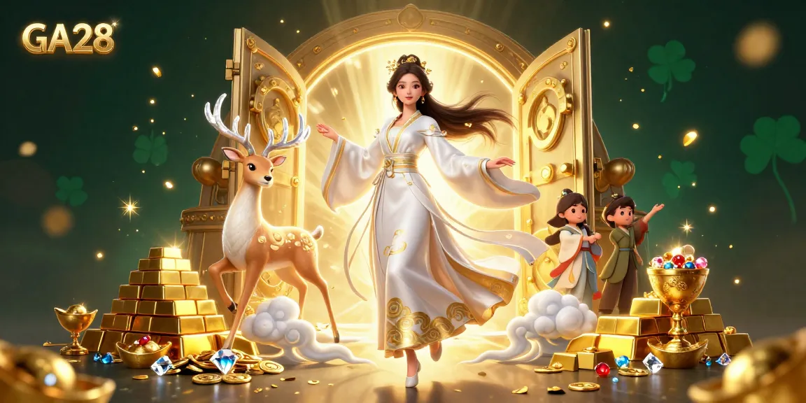 Experience winning strategies at GA28 with vibrant casino-themed 3D illustration showcasing luxurious treasures.