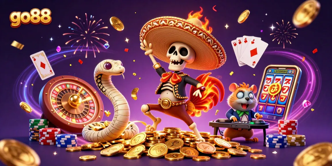 Experience go88's thrilling victory dance with vibrant characters and dynamic casino elements
