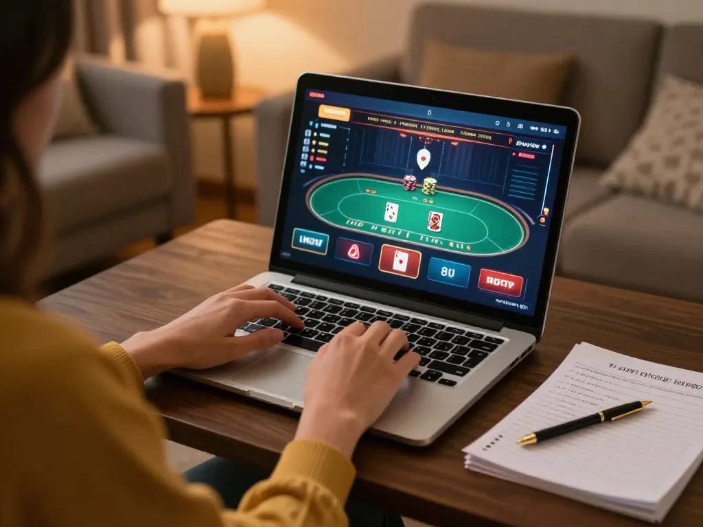 TR88 player immersed in online poker game on laptop with strategic notes.