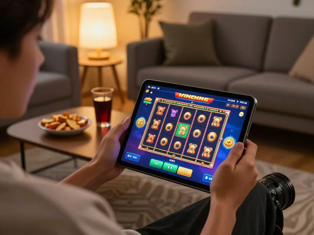 Engaging person plays FLY 88 online slots on tablet in cozy living room