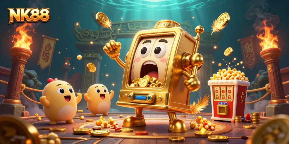 Experience the excitement of NK88 as a golden slot machine hits the jackpot, surrounded by cheering machines and golden coins.