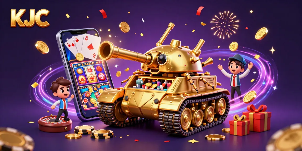 KJC showcases a vibrant scene of a tank-casino hybrid, exploding with coins and game elements for an engaging gaming adventure.