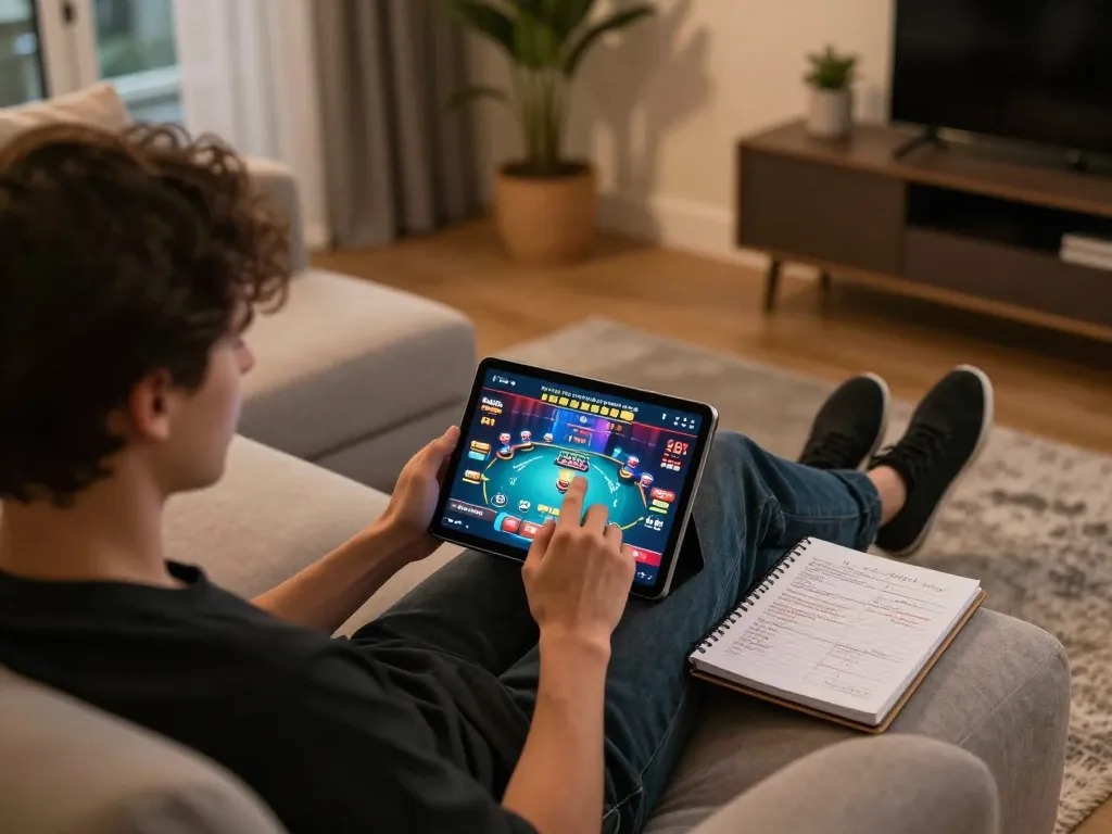 CakhiaTV user engaging with online poker game, showcasing modern home setup with tablet and strategy notes.