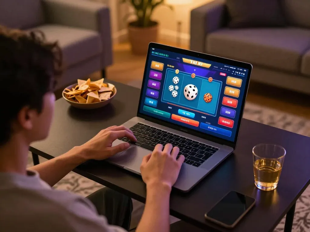 Tài Xỉu online gameplay setup showing user engaging with laptop and vibrant gaming interface.