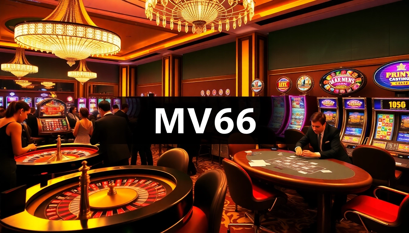 Exciting casino action showcasing MV66 with roulette table, poker chips, and players immersed in games.