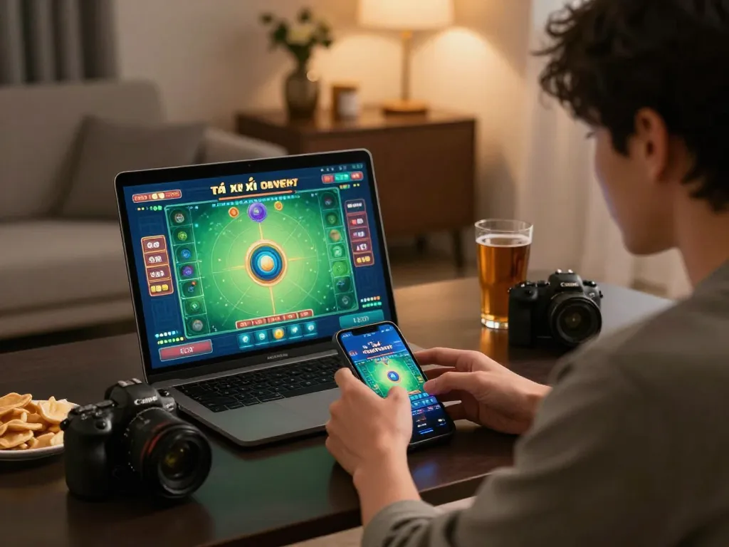 Tai xiu online uy tín game interface displayed on mobile, showcasing strategic gameplay in a cozy home setting.