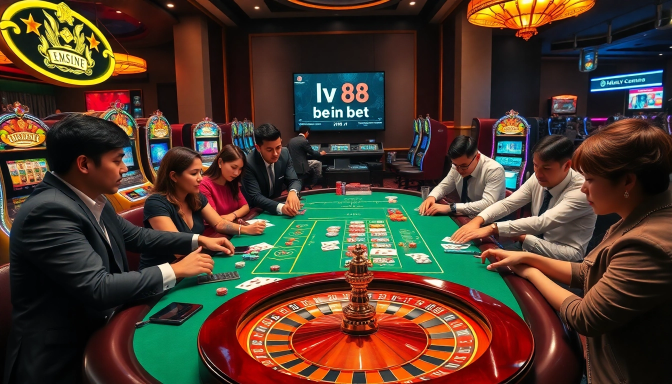 Luxurious casino scene featuring players engaged in lv88 bet at a vibrant gaming table with poker chips and cards.