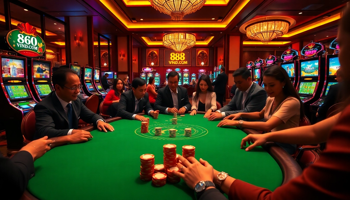 A lively poker scene showcasing 888VND.COM with engaged players and vibrant slot machines.