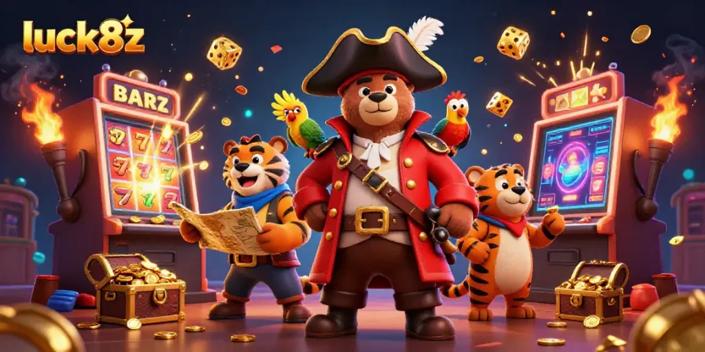 Experience luck8z adventure with pirate bear and tiger as they uncover casino treasures and jackpot thrills.