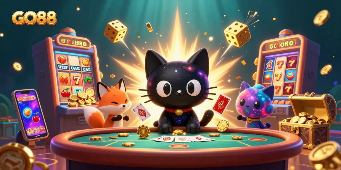 Engage with GO88's cosmic gaming journey featuring dynamic casino elements and vibrant characters.