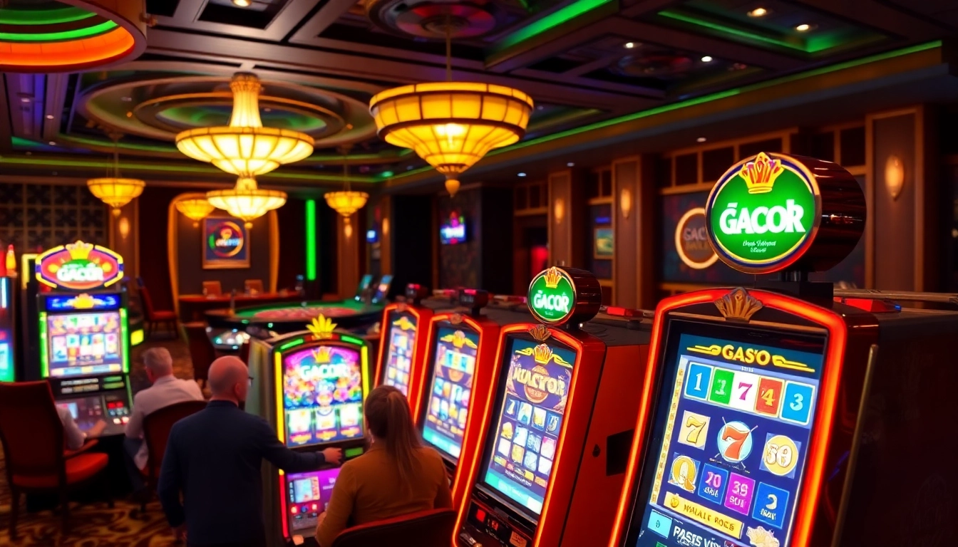 Experience excitement at slot gacor machines surrounded by eager players in a vibrant casino setting.
