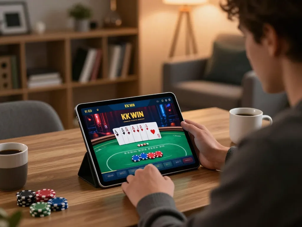 Engaging with the KK WIN casino app on a tablet reveals strategic poker gameplay in a cozy atmosphere.