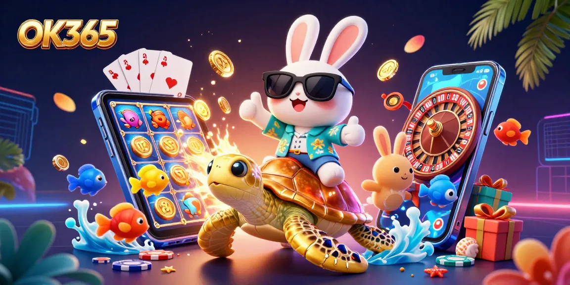 Experience thrilling slot action at OK365 with a colorful, dynamic casino-themed illustration.