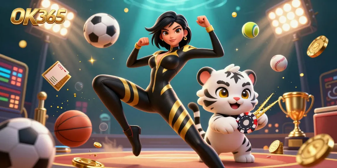 Engage with OK365's dynamic gaming world featuring lively characters surrounded by vibrant casino elements.