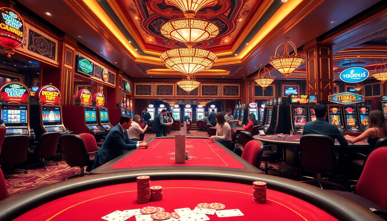 A lively casino scene showcasing a poker table and vibrant slot machines, emphasizing phim mới excitement.