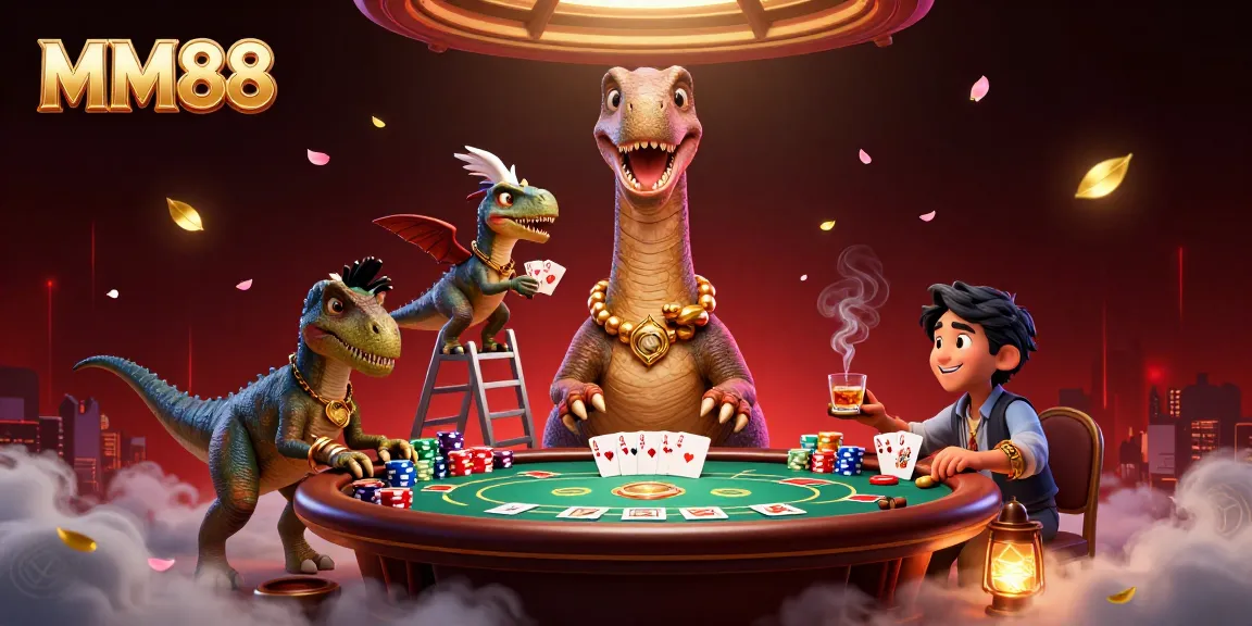 Experience the excitement of MM88 casino with a vibrant 3D scene featuring playful dinosaurs at a poker table.