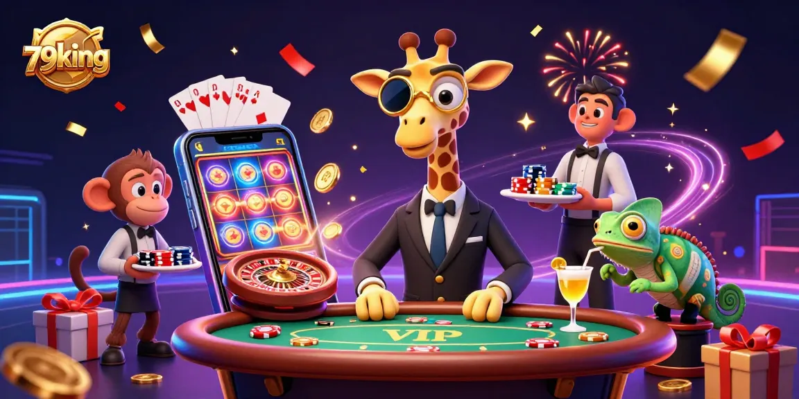 Experience thrilling winnings at 79king with a vibrant 3D casino scene featuring a high-roller giraffe and colorful chip stacks.