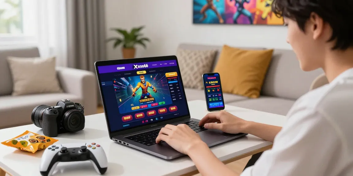 Enthusiastic user enjoying xoso66 online casino games in a lively living room setting.