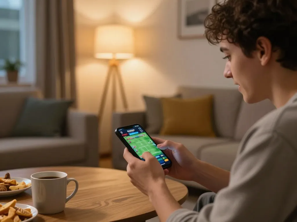 Engaged user placing live bets on smartphone at https://sin88.expert/, illustrating strategic sports betting at home.
