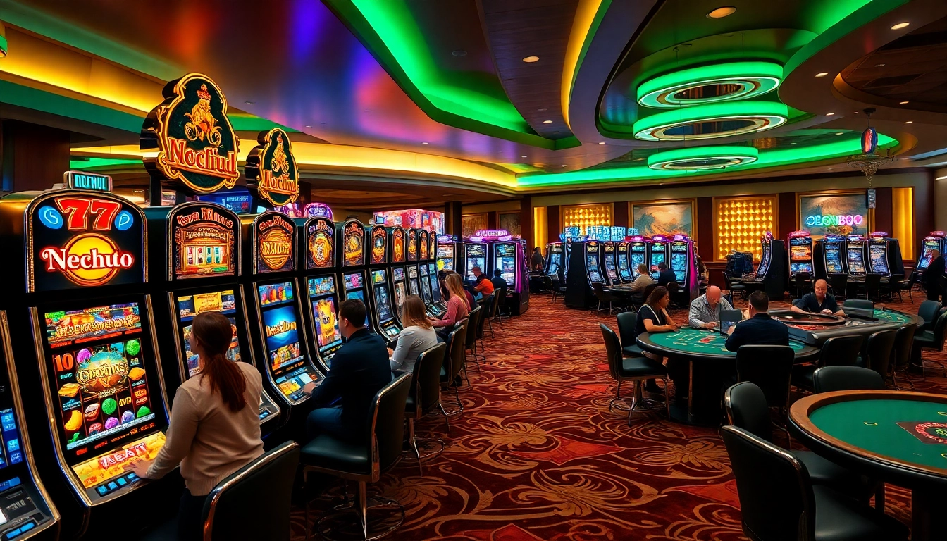 Nohu90 players enjoying vibrant slot games in a luxurious casino setting.