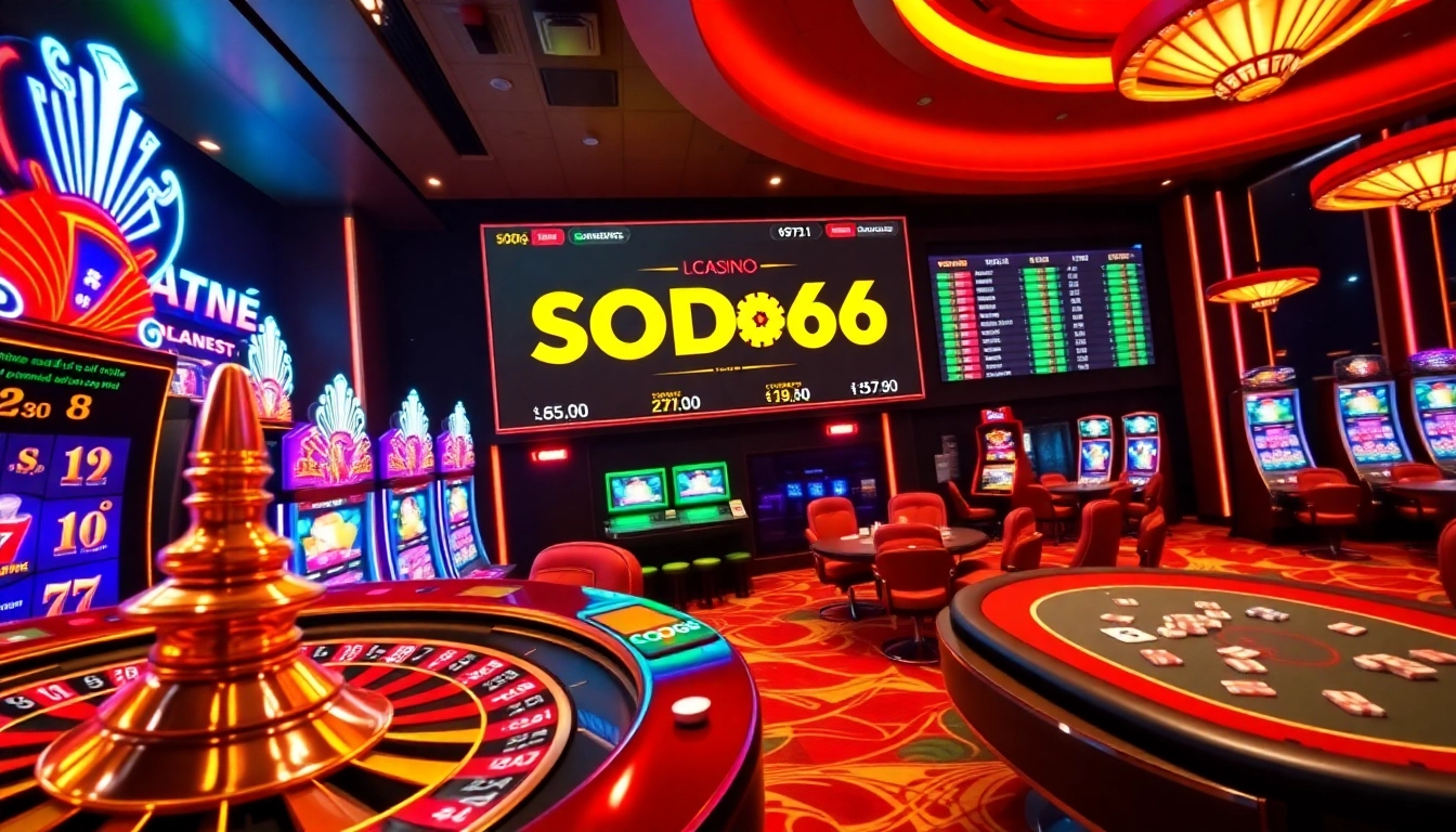 Engaging scene of players enjoying gaming tables at SODO66 online casino with vibrant atmosphere.