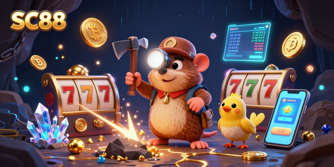 Play stunning slot games at SC88, featuring a treasure hunter mole mining for jackpots among glowing gems and crypto coins.