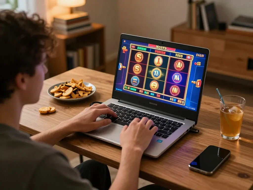 Engaging in Slot Malaysia gaming on a laptop at home, showcasing a vibrant slot screen and relaxed atmosphere.