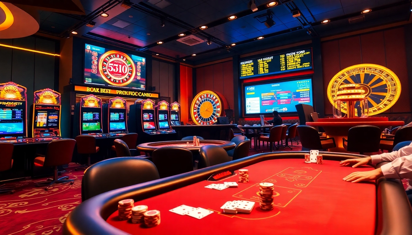Experience the thrills of online gambling at https://kubetz.dev/ with a vibrant casino scene showcasing poker and slot machines.