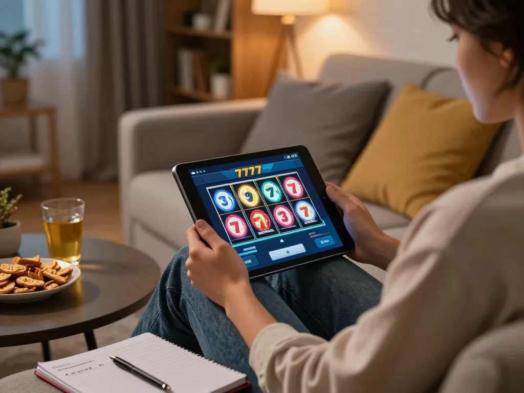 Engaging with slot777 app during a cozy home gaming session at night