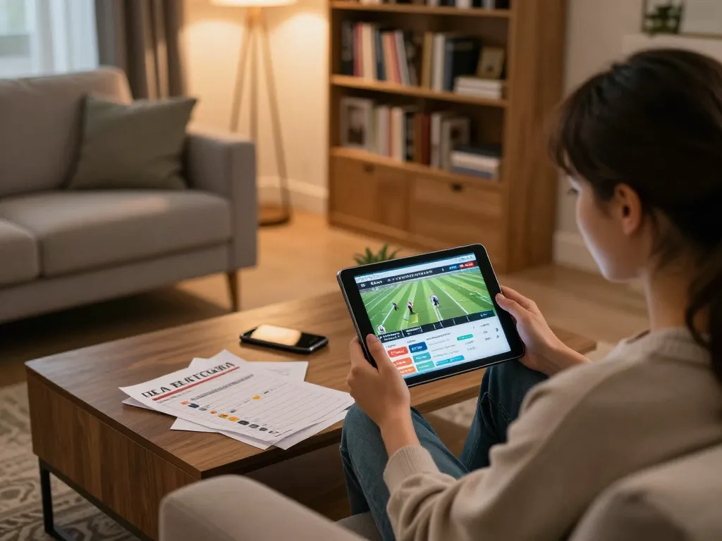 Cakhiatv user placing bets on a sports betting app in a cozy home setting.
