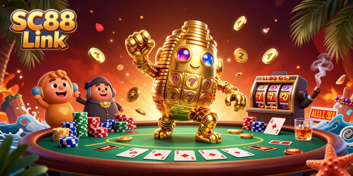 Engage with thrilling games at SC88 Link featuring a vibrant golden golem and poker action.