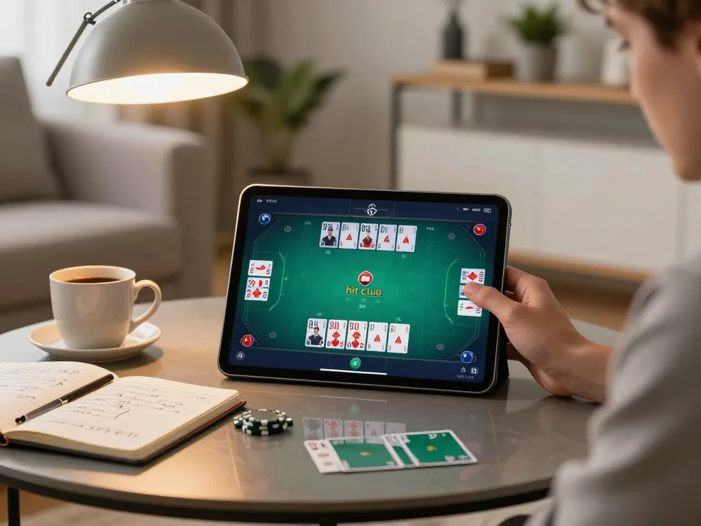 Player engaged in a hit-club online poker game while strategizing with notes in a cozy home setting.