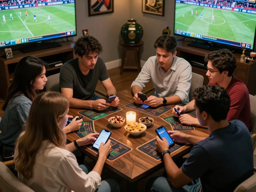 Friends engaging in sports betting with vb88 app on smartphones, lively atmosphere, exciting social gaming moment.
