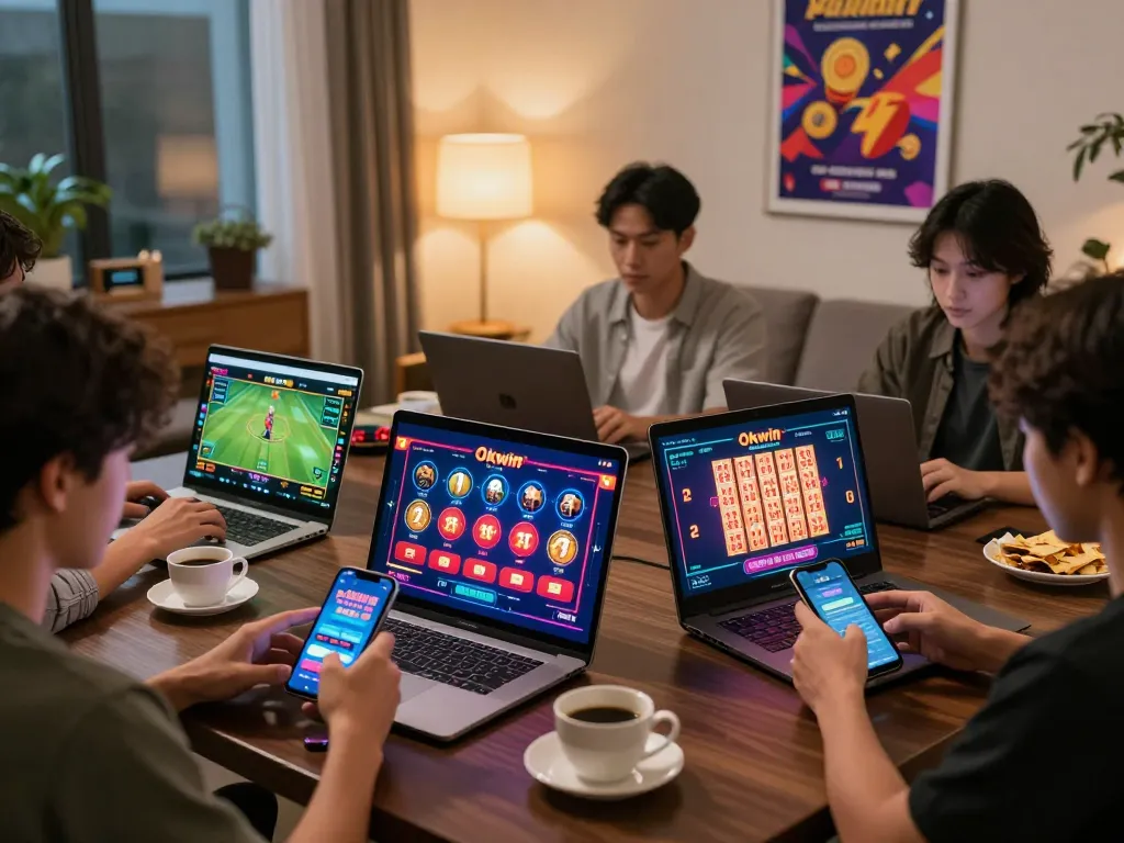 Exciting online betting scene with Okwin gamblers using smartphones and laptops in a modern home atmosphere.