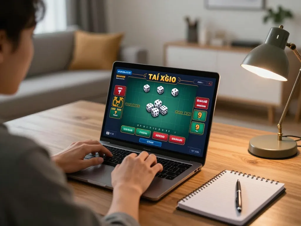 Engaged in Tài xỉu online gameplay on a laptop at home, highlighting responsible gambling practices.