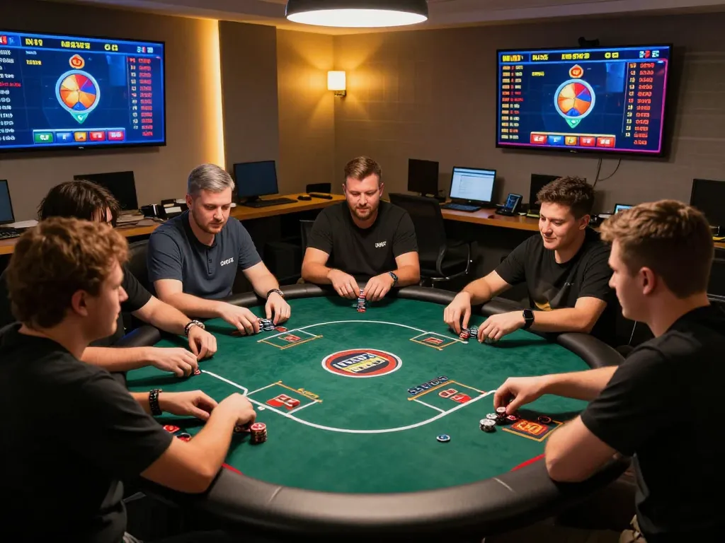 O8 players strategizing over a digital poker table, maximizing winning opportunities