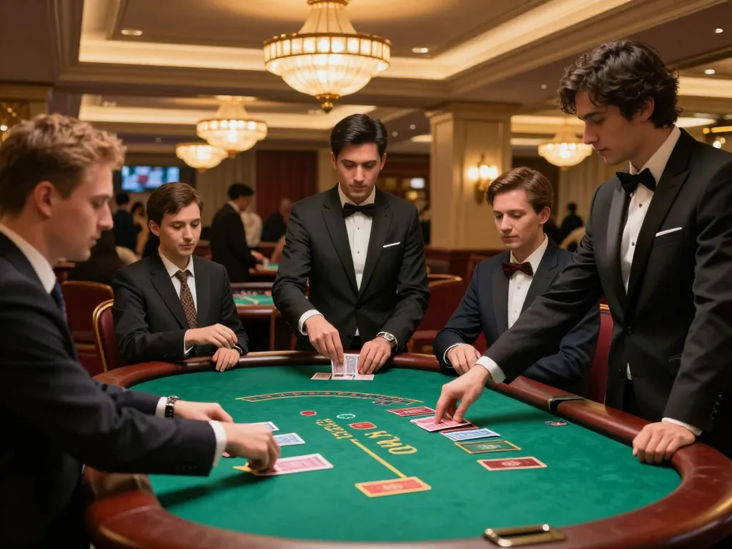 Xocdia88 players engaged in intense blackjack game, dealer dealing cards in upscale casino.