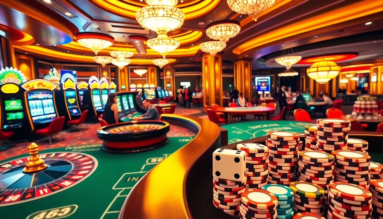 Players enjoying their time at https://lucky88j.world/, surrounded by vibrant slot machines and poker tables.