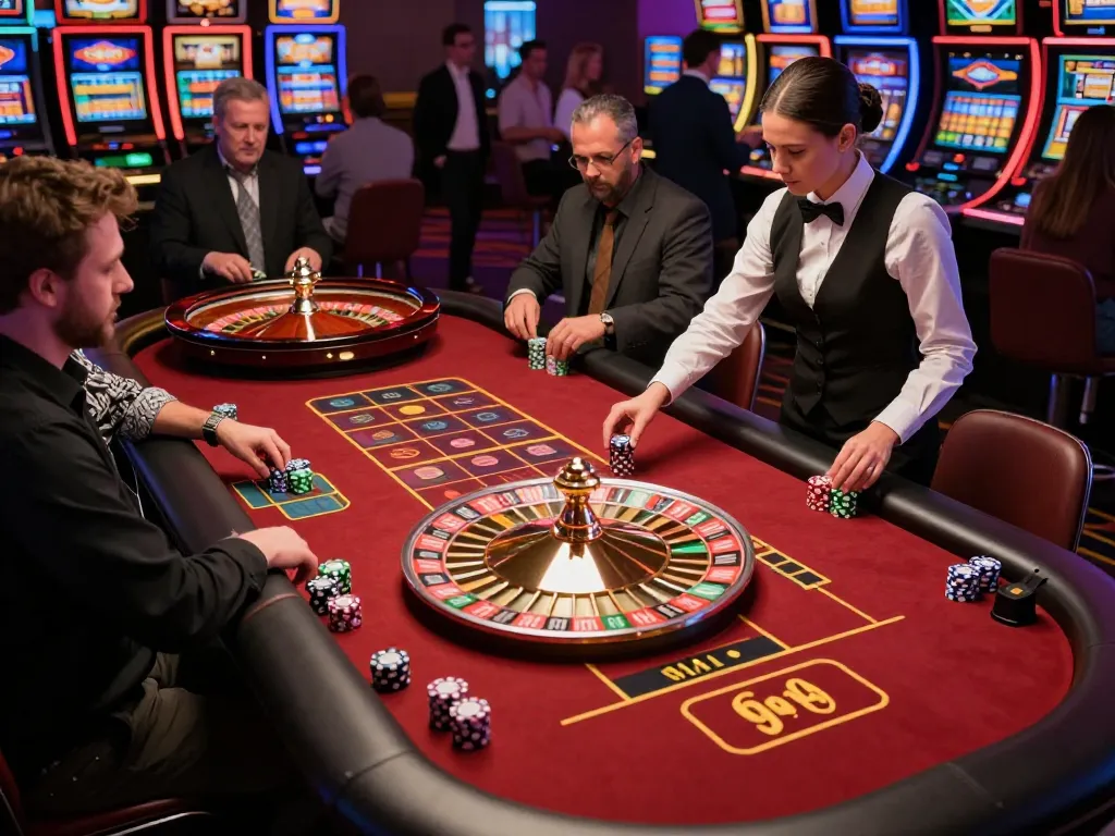 Watch players place bets during a thrilling roulette game at a lively casino with sc88 atmosphere.