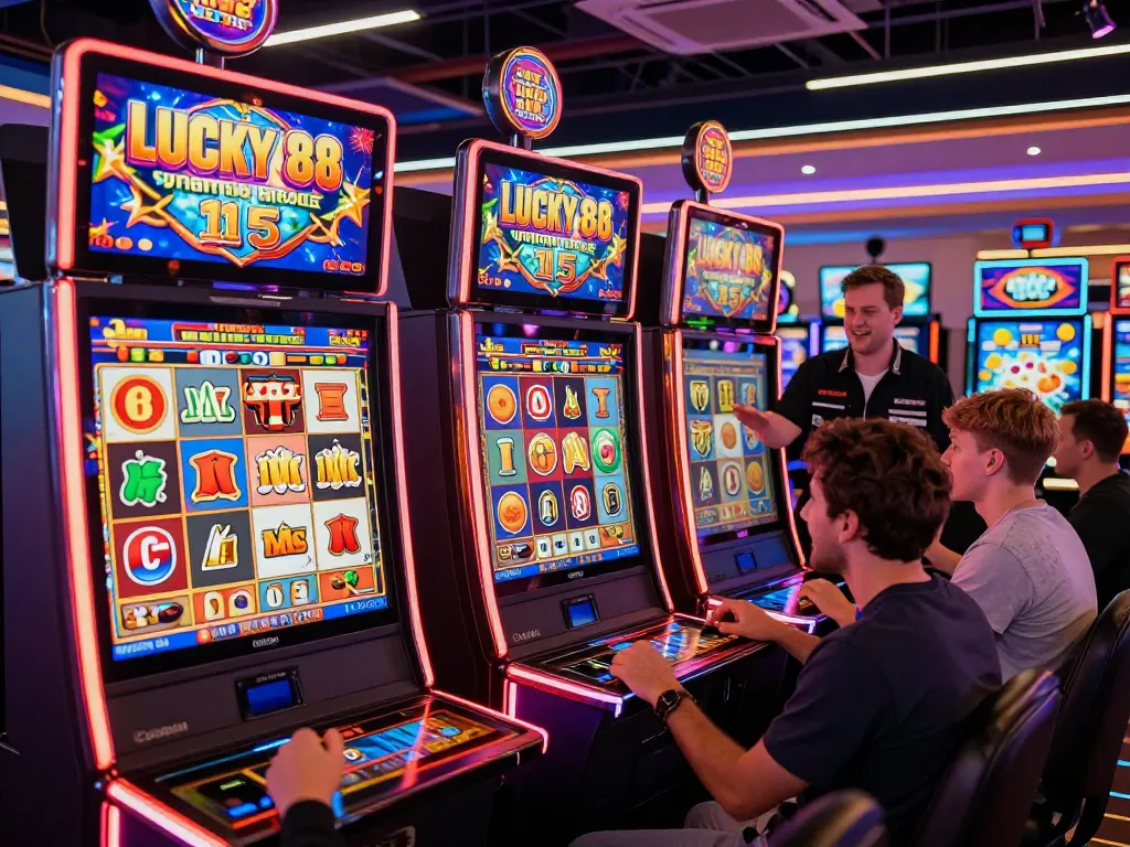 Exciting players enjoying the Lucky 88 slot machine game online with colorful graphics and enthusiastic expressions.