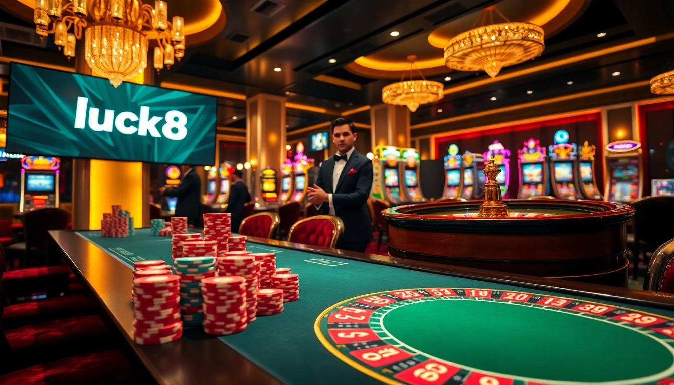 Engage in high-stakes gaming at luck8's luxurious casino scene with vibrant poker chips.